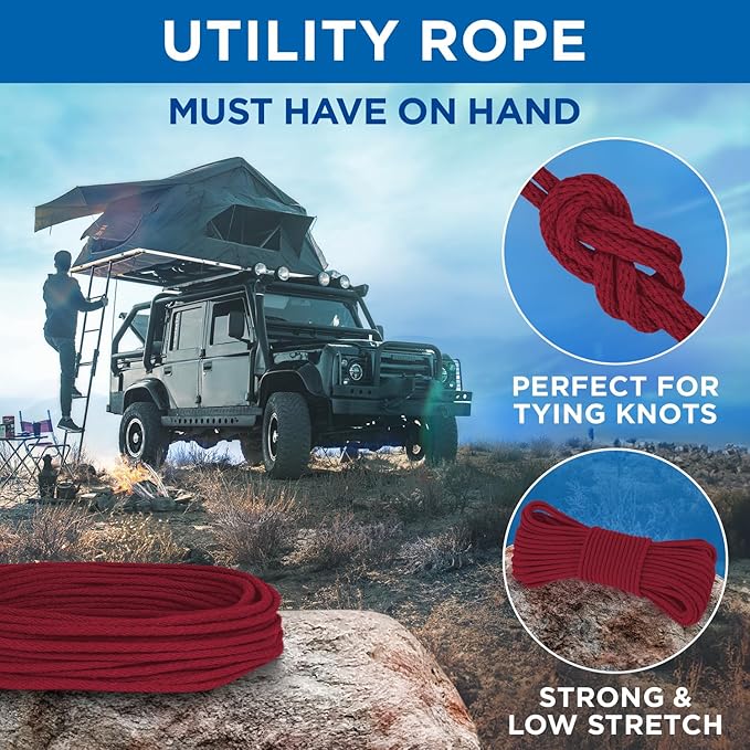 TECEUM Cotton Rope 3/16” (5 mm) – 50 FT – Strong All-Purpose Braided Rope – Natural Cotton – for Crafting, Сamping, Clothes Line, DIY, Indoor & Outdoor Use – Crimson