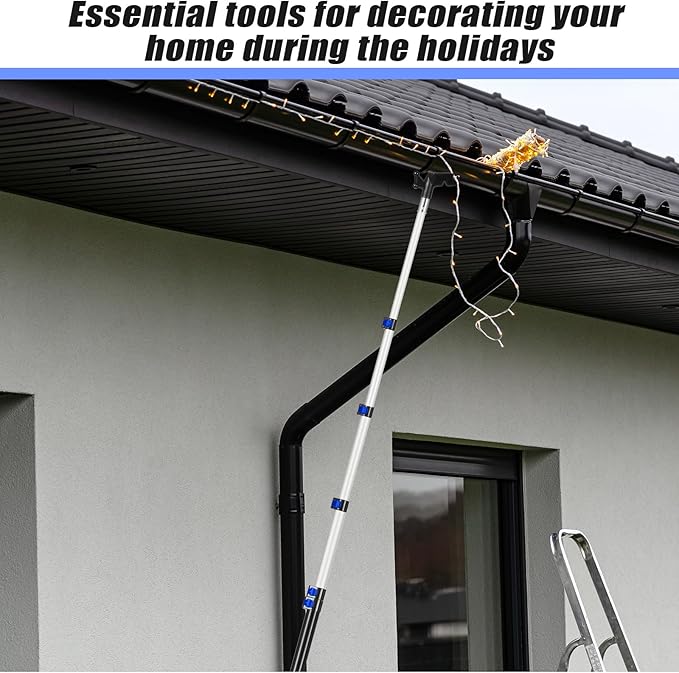 7-36 ft Telescopic Extension Pole with Utility Hook, Multi-Purpose Aluminum Pole for Painting, Dusting and New Year Window Cleaning Christmas Lights Installation Without a Ladder (Blue)