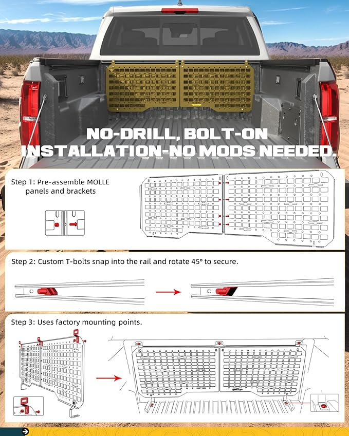 Trumgeta Front Bed MOLLE Panel Fit for 2024 2025 2026 Toyota Tacoma, Heavy-Duty Aluminum Truck Storage Organizer System for Camping, No-Drill Installation