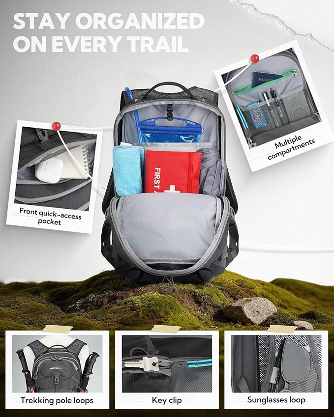 WATERFLY Small Lightweight Hiking Backpack: 20L Outdoor Daypack with Phone Pocket, Hydration Compatible, Breathable Backpanel, Multi-Compartment for Camping Trekking Travel Women Men