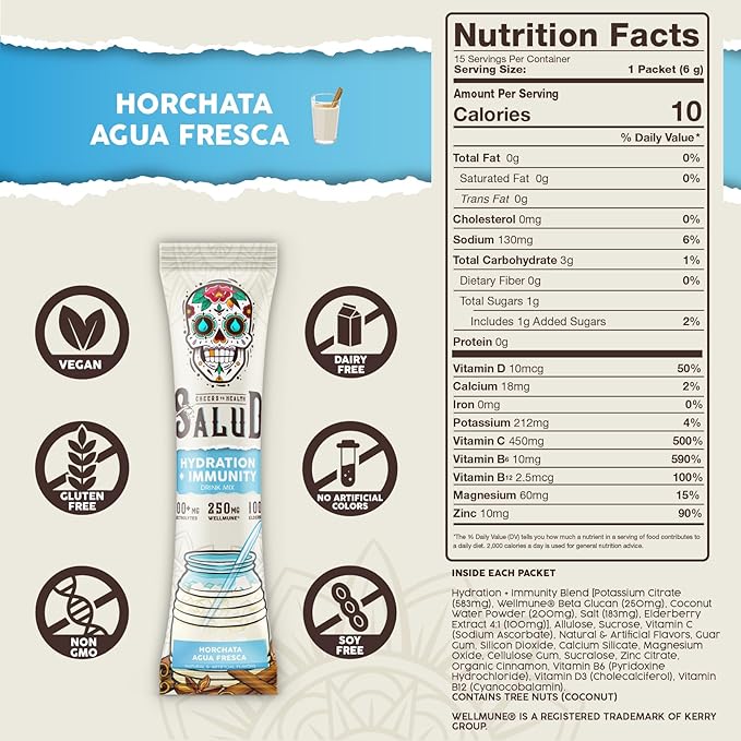 Salud 2-in-1 Hydration Packets + Immunity Electrolytes Powder, Horchata - Agua Fresca Drink Mix, Elderberry, Dairy & Soy Free, Non-GMO, Gluten Free, Vegan, Low Calorie, 1g Sugar (15 Servings)