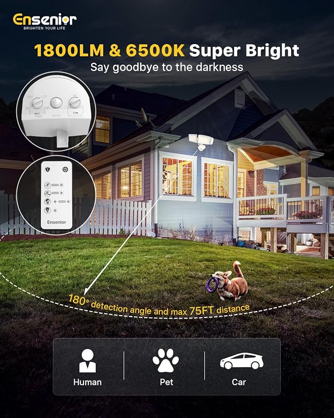 Ensenior Solar Security Lights, Wide Beam Flood Light 6500K Super Bright for Driveway Backyard Garden, Remote Control Motion Lights, Weather-Resistant Exterior Lighting, 1800LM Lumen, White, 2-Pack