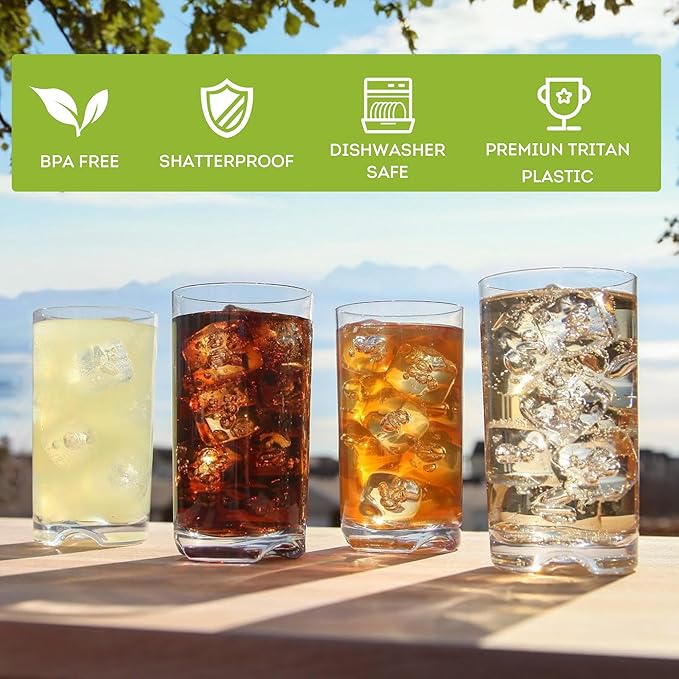 Lily's Home Unbreakable Highball Tumblers, Made of Shatterproof Tritan Plastic and Ideal for Indoor and Outdoor Use, Reusable (14oz each, Set of 4)