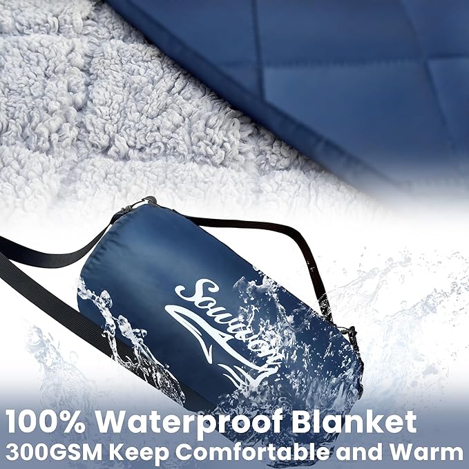 Waterproof Outdoor Blanket 62”X 51” Packable, Stadium Blankets for Camping with Sherpa Fleece Lining, Large Windproof Emergency Mat for Garss Picnic Hiking Road Trip, Machine Washable, Navy 300GSM