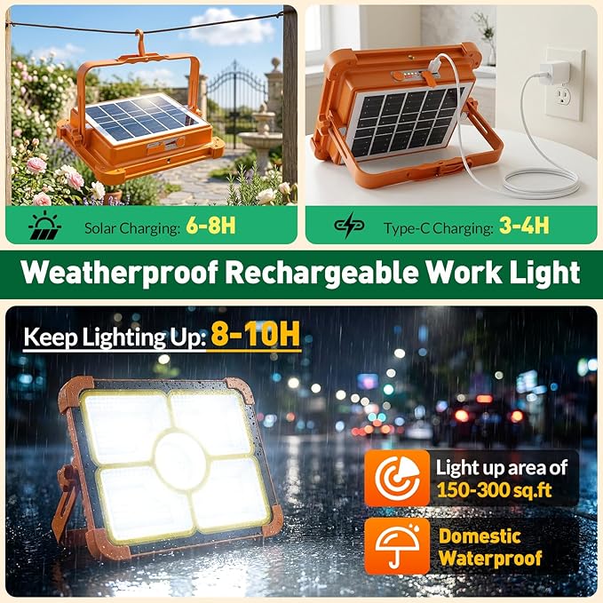 Solar Rechargeable Work Light, 474 LED 12000LM Portable Flood Lights, 12000mAh LED Work Light with 5 Modes, Waterproof Outdoor Job Lighting for Emergency Camping Repair, Solar & Type-C Charging