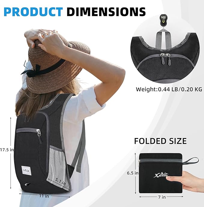 Xgunion Hiking Backpack 10L Small Travel Lightweight Daypack Foldable Hiking Packable Camping Hiking Backpacks for Women Men (Black)