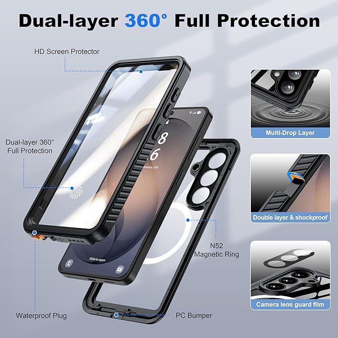 ANTSHARE for Samsung Galaxy S26 Case Waterproof, Built-in Lens & Screen Protector, [Compatible with MagSafe] Shockproof Dropproof Dustproof Full Body Phone Case for S26 6.3"-Black/Clear