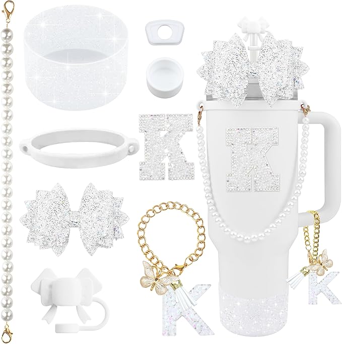 9PCS White for Stanley Cup Accessories Set Bling Initials Bow Charms for Stanley Decorations 30/40 Oz Tumbler Accessories Including Bow Straw Topper, Handle Strap, Spill Stopper（Letter K）