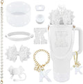 9PCS White for Stanley Cup Accessories Set Bling Initials Bow Charms for Stanley Decorations 30/40 Oz Tumbler Accessories Including Bow Straw Topper, Handle Strap, Spill Stopper（Letter K）