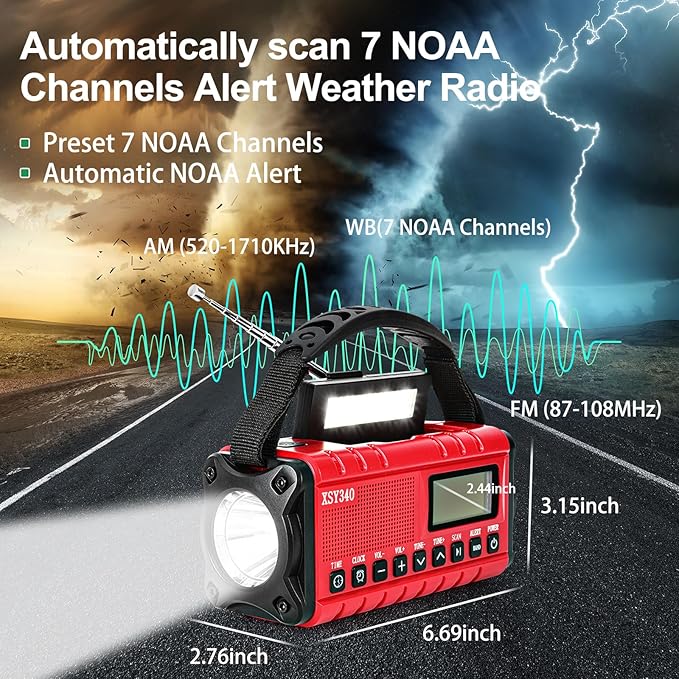Emergency Weather Radio 10000mAh, Portable Radio with Solar Charging, Hand Crank & Battery Operated NOAA Alert, LCD Display, SOS Alarm, AM/FM & LED Flashlight, Clock Radio for Outdoor Emergency