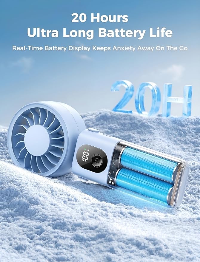 Aecooly Mighty Portable Handheld Fan | 20H Max Cooling Time | 3 Flexible Modes | 5 Speeds Wind | Battery Level Display | USB Rechargeable Mini Personal Battery Powered, Gifts for Women, Travel -Blue