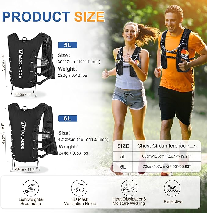 BECOJADDE Running Vest Hydration Backpack for Men Women, 5L Lightweight Running Backpack Hydration Pack for Marathon, Trail, Cycling, Hiking, Jogging
