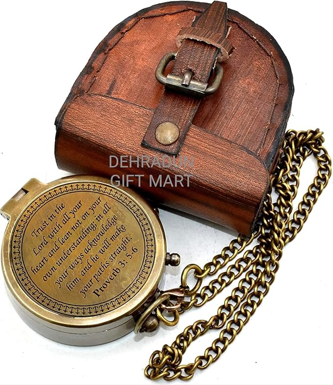 Handmade Vintage Brass Engraved Compass with Chain & Leather Case, Antique Pocket Navigation Compass, Collectible Keepsake Gift for Men Women, Boyfriend, Hiking Camping Maritime Decor