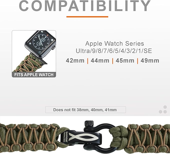 Savior Survival Gear Paracord Watch Band - Compatible with Apple Watch Band 49mm 46mm 45mm 44mm 42mm - iWatch Band Series Ultra 10 9 8 7 6 5 4 3 2 1 SE – Adjustable strap for men (Green-Brown, Large)