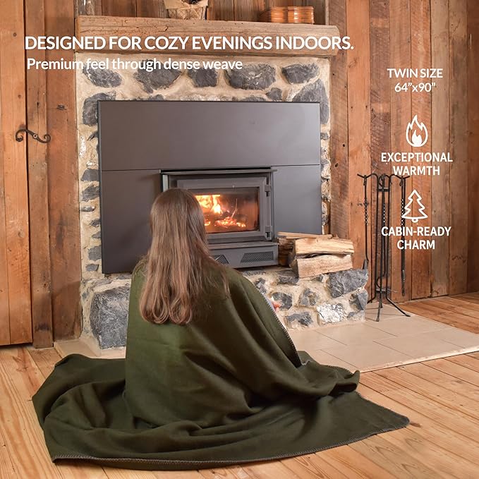 Military Style Wool Blanket – Cushioned, Breathable, Durable, Warm & Washable – Double-Stitched Border– Great for Camping, Outdoor, First Aid, Travel, Car, Fire Retardant – 64"x90" 4.7lb (Olive Green)