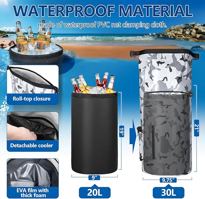 Smasrob 30L Waterproof Dry Bag with 20L Detachable Cooler, Dry Bag Cooler Backpack with Phone Pocket and Bottle Pouch, Suitable for Kayaking, Boating, Camping and Water Activities
