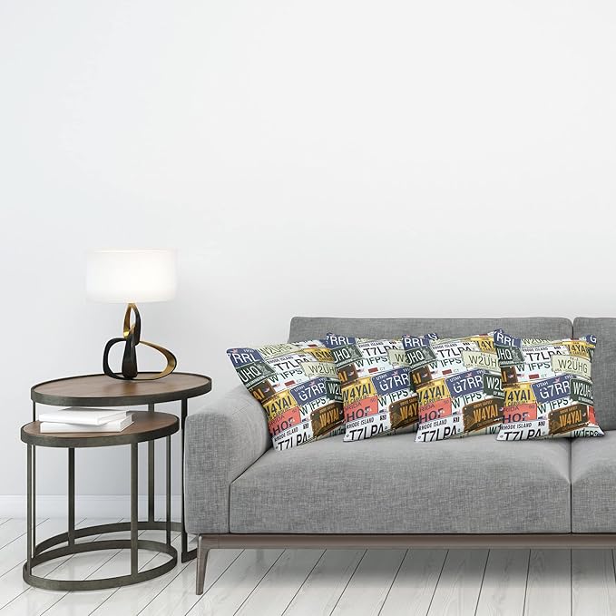 Ambesonne Vintage Decorative Throw Pillow Case Pack of 4, Original Retro Style License Plates Personalized Creative Travel Vacation, Cushion Cover for Couch Living Room Car, 18", Blue Green
