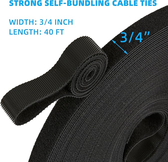 40FT x 3/4 inch Hook and Loop Roll, Reusable Fastening Cable Ties, Multi-Purpose Cable Management Wire Ties Cable Straps for Organizing Home, Office and Data Centers