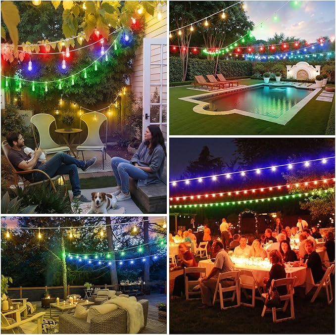 Larkvue 96FT(2X48FT) RGBW Outdoor String Lights with Remote, Patio Lights with 30+3 Vintage S14 Dimmable Waterproof Bulbs for Yard Party Decor, White