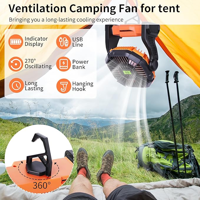 Portable Fan Rechargeable Battery Powered Fan,270°Pivot Cordless Battery Operated Camping Fans with LED Light & Hook,USB Personal Fans Outdoor Camping Essentials for Tent Beach Travel Reading