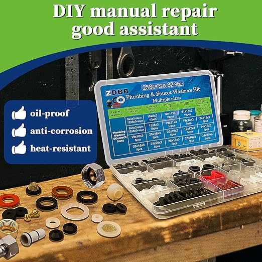 ZDBB 258 Pcs 2-in-1 Spigot Washer & Hose Gasket Kit for Assorted Outdoor Faucet Garden Hose Valve Stem Worn Out Plumber Outside Faucet Bib Shower Gasket Repair Set