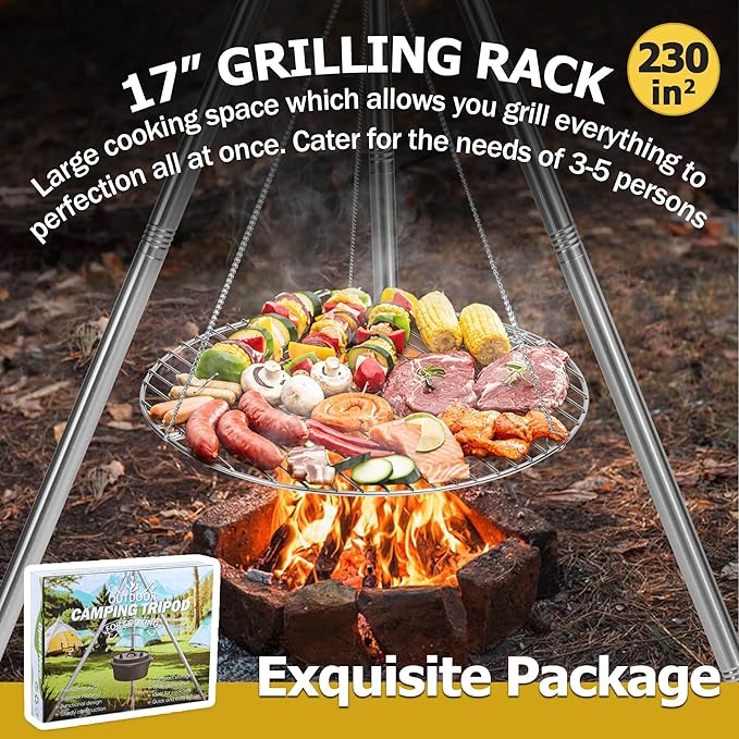 Joyfair Campfire Camping Tripod Grill Grate(17” Dia.), Heavy Duty Stainless Steel Openfire Tripod with Over Firepit Rack Camp Equipment, Adjustable Height Stand for Outdoor BBQ Cooking Grilling