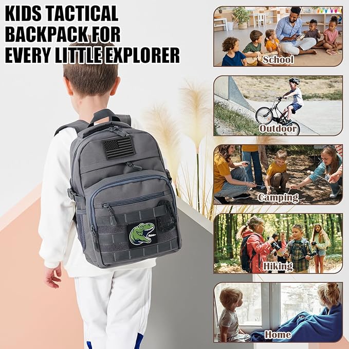 Kids Tactical Backpack Army Molle Bookbag Military Boys Backpack for School, Outdoor, Camping (Includes 2 Patches +1 Carabiner), Grey