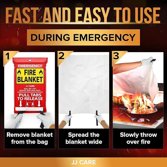 JJ CARE Fire Blanket – 4 Packs with Hooks and Gloves – 40” x 40” Fire Blankets Emergency for Home and Kitchen, High Heat Resistant and Flame Protection for Kitchen, Car, Office, Camping & Home Safety