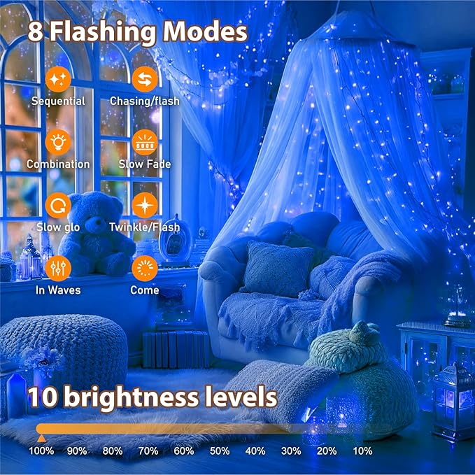 HXWEIYE Rechargeable Fairy Lights with Remote & DIY Timer, 33ft 100LED Battery Operated Twinkle String Lights, 8 Modes Decor Light for Bedroom Indoor Wedding Dorm Christmas Tree Party (Blue)