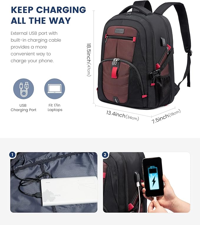 LOVEVOOK Travel Backpack for Men 17inch Large Work Backpack for Men Large Capacity Lockable Mochilas para Hombres Waterproof Computer Backpack for Work Business Travel College (17 inch,Black&Brown)