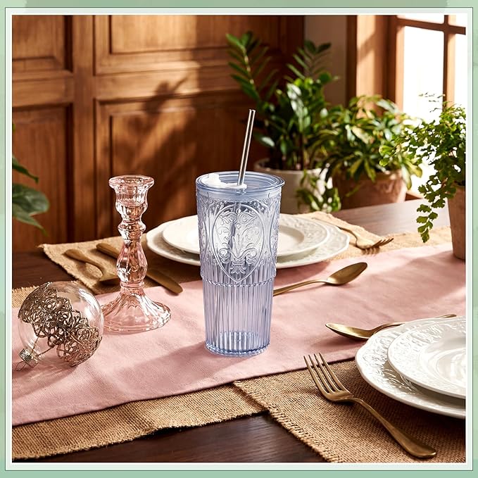 8 Set 20oz Vintage Plastic Tumbler with Lids and Straws Ribbed Floral Drinking Glasses Reusable Iced Coffee Cups for Water Juice Smoothie Cocktail Travel Party Events Gift (Blue)
