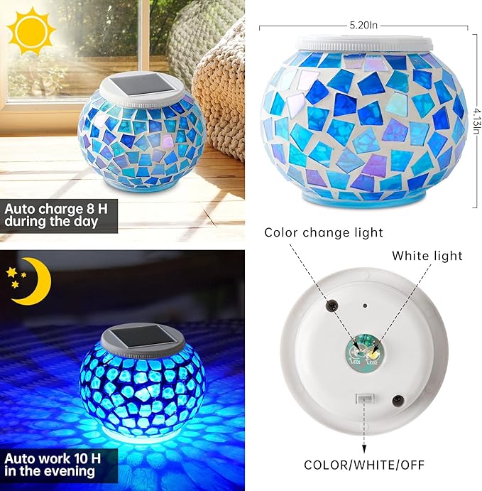 WSgift Color Changing Solar Powered Glass Mosaic Ball Led Garden Lights Rechargeable Outdoor Waterproof Solar Night Lights Table Lamps for Decorations Blue