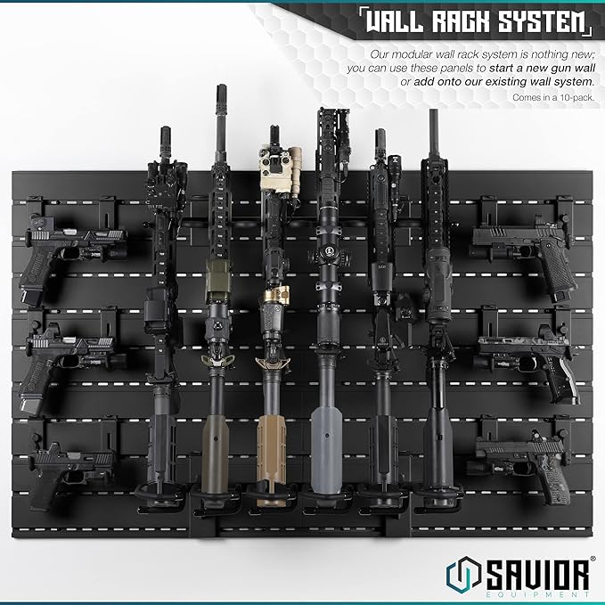 Savior Equipment Horizontal Steel Wall Mount Firearm Rifle Display Rack, Compound Bow Shotgun Carbine Gun Sword Tactical Vest Gear Hanger Free-Standing Indoor Storage Organizer, 10 Mounting Hooks