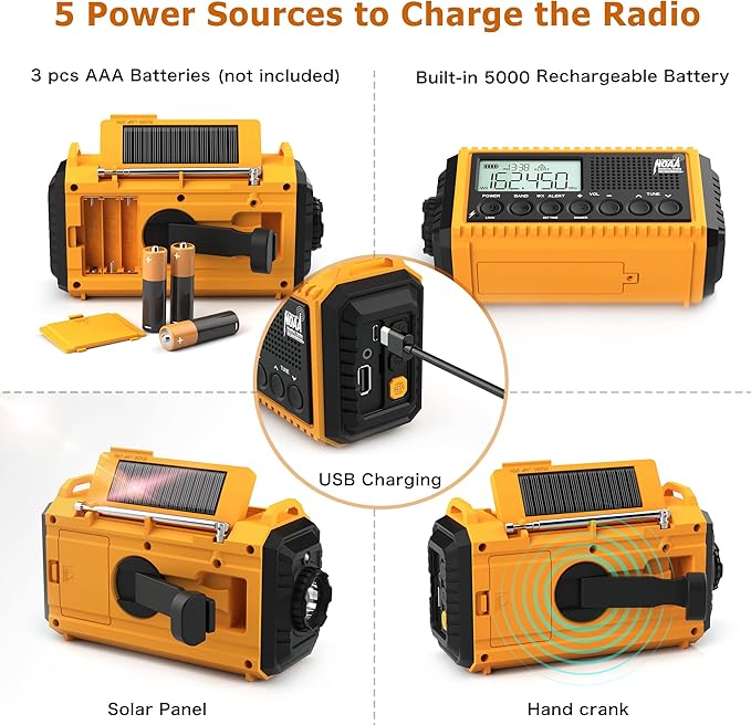 Eoxsmile NOAA Emergency Weather Radio - 5000mAh Solar/Hand Crank/Battery AM/FM/SW with USB Charger, LED Flashlight & SOS Alert, Clock, Portable Survival Radio for Power Outage, Hurricanes, Camping