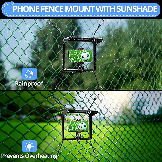 CAMWAY Adjustable Phone Fence Mount with Sunshade - Outside Universal Holder for Smartphone, GoPro, Mevo Start,Action Cameras,Include Hanging Bag,Phone Shade for Recording Tennis Baseball,etc