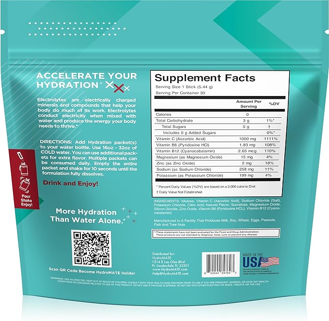 Electrolyte Powder Sugar-Free Hydration Packets Black Cherry HydroMATE 30 Sticks