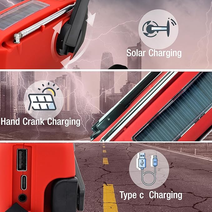 2000MAH Emergency Hand Crank Radio, Portable Survival Solar Radio AM FM NOAA Weather Radio with Earphone Jack SOS Alarm 4 Modes LED Flashlight, Portable Phone Charger Type-C charger for Camping Hiking
