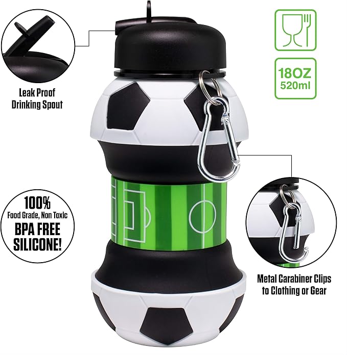 Maccabi Art Collapsible Silicone Soccer Ball Water Bottle for Kids, 18 oz BPA-Free with Clip, Leak-Proof Spout, Portable Sports Drink Bottle