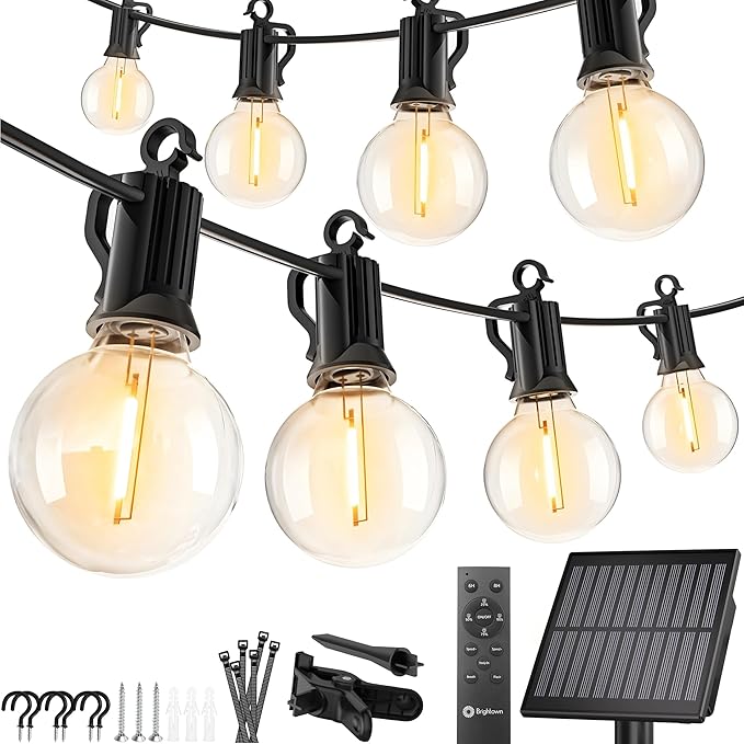 Brightown Solar String Lights Outdoor Waterproof with Remote Cable Ties and Hooks, 38FT Patio Lights with 15 LED Shatterproof Bulbs, 3 Light Modes, Dimmable Hanging Lights for Backyard Party Decor