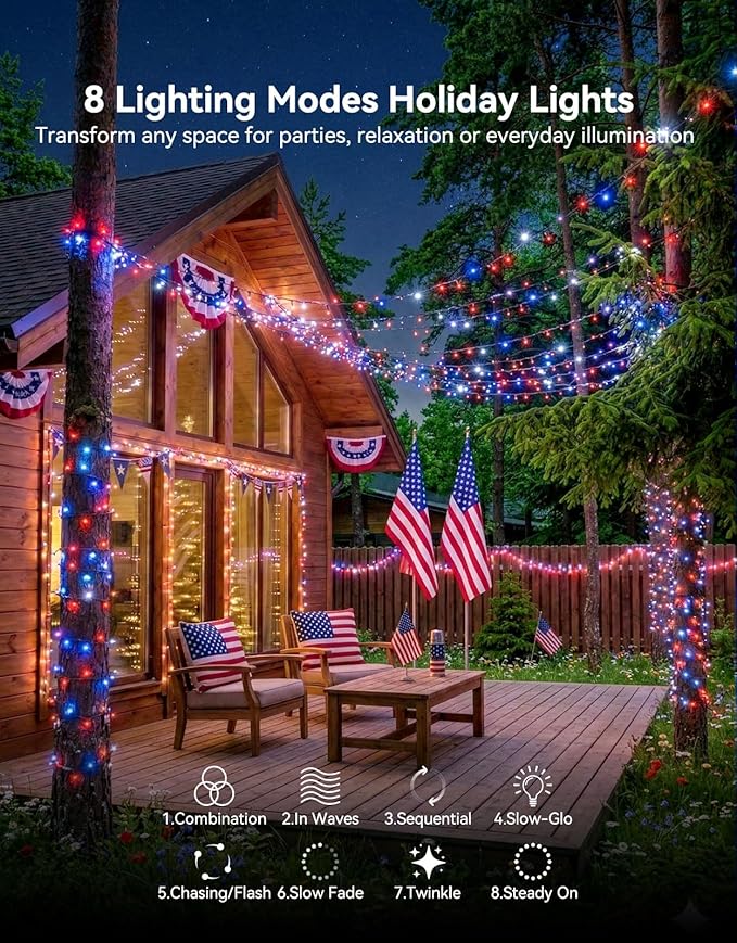 LitHome 4th of July Decorations Outdoor Waterproof, 99FT 300 LED String Lights Outdoor Red White and Blue, 8 Modes String Lights with Timer & Memory for Independence Day Tree Holiday Party