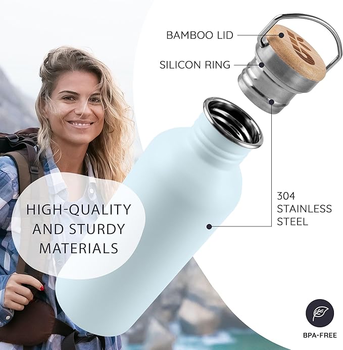 Bambaw Metal Water Bottle 750 ml, Light Blue Sports Bottle, Non-Insulated Water Bottle, Stainless Steel Bottle 750 ml, Stainless Steel Bottle – Nordic Blue
