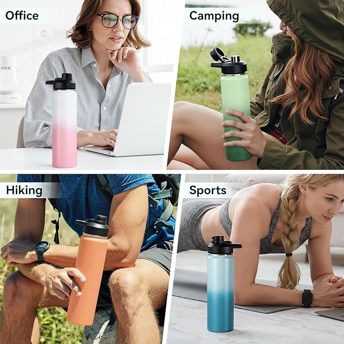 Fijinhom 24 oz Insulated Water Bottle with Handle, 304 Stainless Steel Water Bottles with Wide Mouth, Double Wall Vacuum Sports Water Bottle, BPA Free, Keep Cold and Hot, Coral