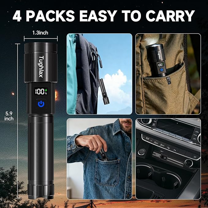 4Pack Rechargeable Flashlights High Lumens 10000LM, Super Bright Flashlight with LCD Digital Display, 5 Modes Adjustable Flash Light, LED Flashlight Powerful, Tactical Flashlights for Home