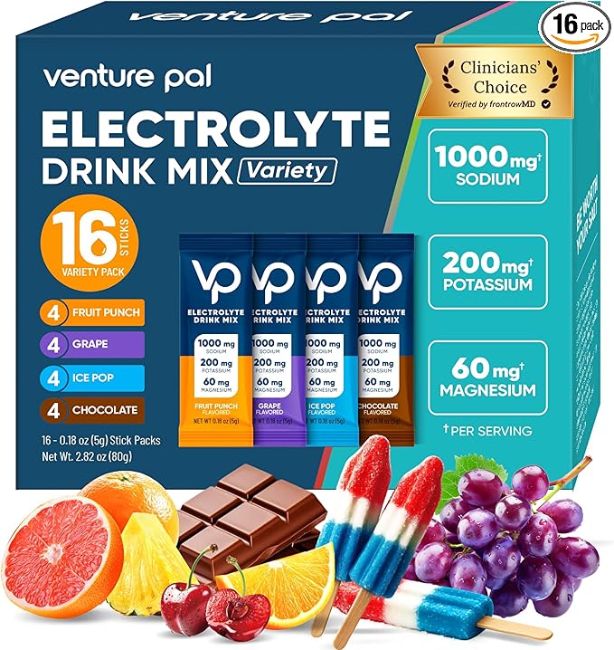 Venture Pal High Sodium Electrolyte Powder Packets | Sugar Free Hydration Drink Mix with Sodium, Potassium, Magnesium & Vitamins | Zero Calorie | Keto, Vegan & Paleo Friendly | 16 Sticks