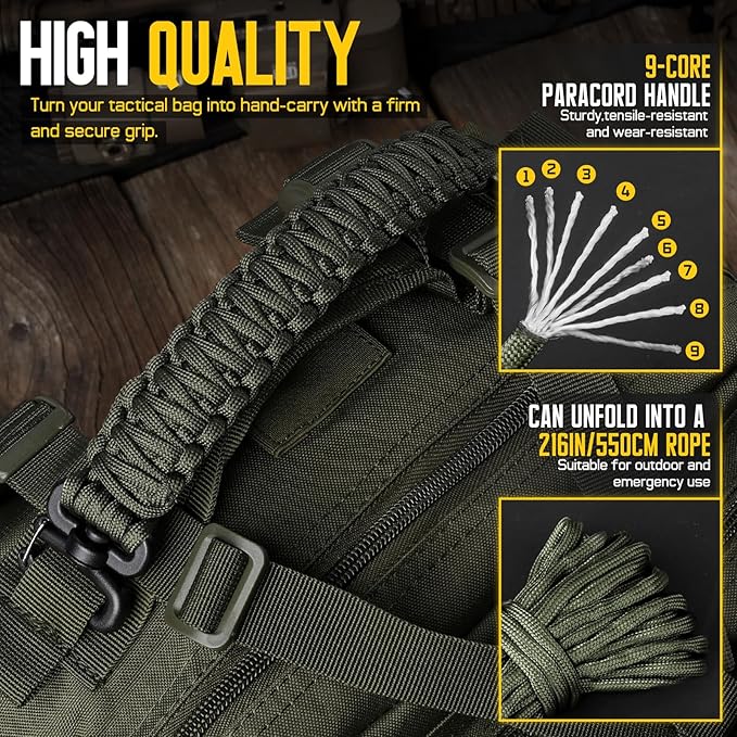 Tactical Paracord Handle，9-core Weaving Paracord Strap for Bag Strap Replacement，Molle Attachment with Metal/Plastic Clips for Backpack Sling Bags Water Bottle Holder