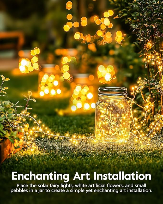 120LED 10FT Solar Fairy Lights Outside Waterproof, 8 Lighting Modes IP65 Outdoor Solar String Lights Outdoor Waterproof Firecracker Twinkle Light for Patio Yard Garden Party Decorations, Warm White