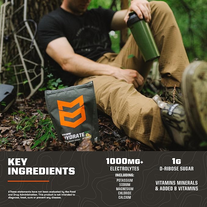MTN OPS Hydrate Low Sugar Electrolyte Powder Drink Mix with 1g D-Ribose Sugar, Naturally Sweetened with Monk Fruit, On-The-Go Packs, 20 Stick Packs, Peach Lemonade