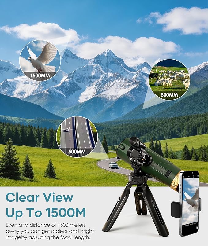 Monocular Telescope 12X60 HD High Power with Smartphone Adapter Tripod,Larger Vision Monoculars for Adults with BAK4 Prism & FMC Lens, Suitable for Bird Watching Hunting Hiking Camping Wildlife-Green