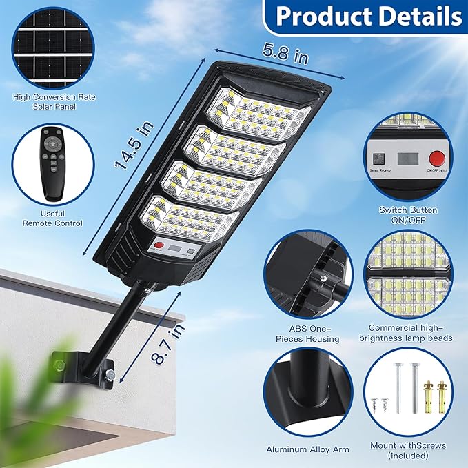 Yusist 2 Pack Solar Street Lights Outdoor Waterproof,6500K LED Motion Sensor Lights,Dusk to Dawn Solar Flood Lights with Remote,Parking Lot Light,Commercial Area Lighting for Outside