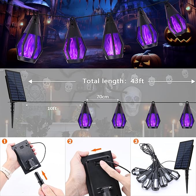 Solar String Lights for Outside, 33Ft Solar Patio Lights with 15 Flickering Flame Light Bulbs, Waterproof Purple Solar Powered Outdoor Lights for Garden Yard Patio Gazebo Bistro Cafe Porch Party Decor